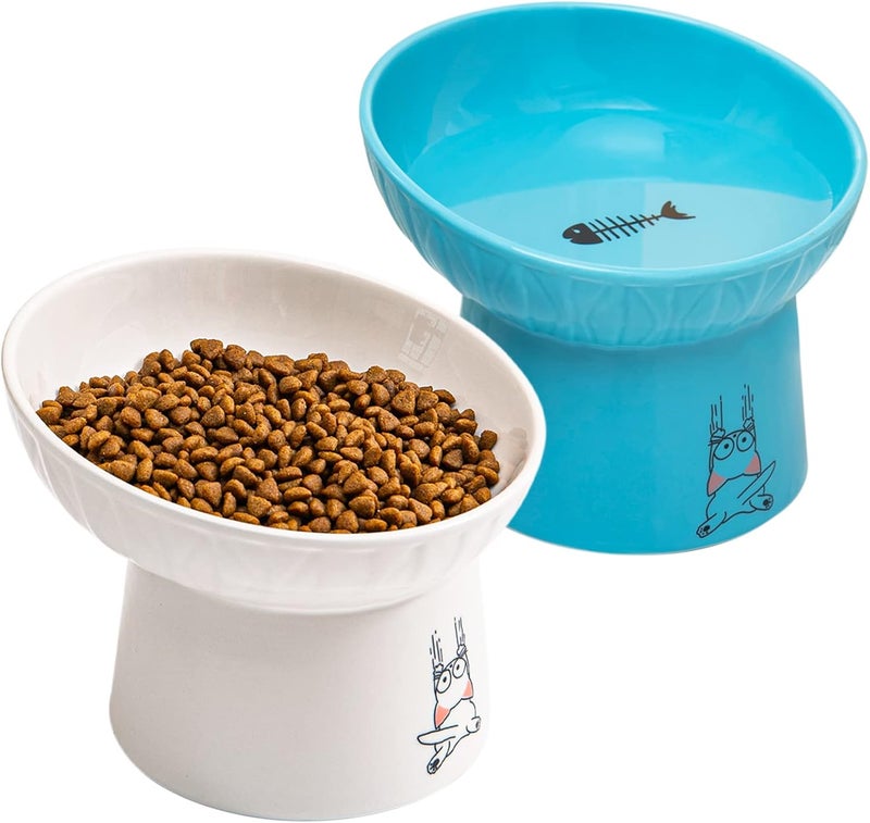 OMAYKEY 6.5 Inch Extra Wide Ceramic Raised Cat Bowls, Porcelain Tilted Elevated Cat Food Water Bowl Dish, Stress Free Pet Feeder Bowls Dishes for Elder Big Cats & Small Dogs, White & Blue - Image 1